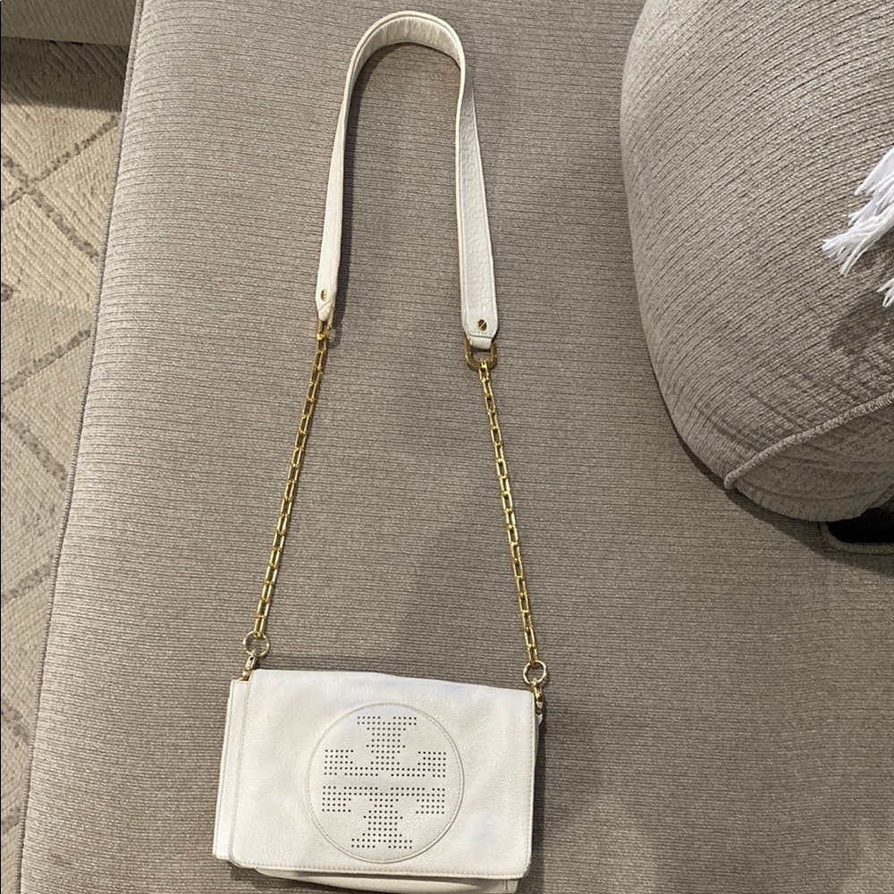 Tory Burch White Leather Crossbody with Gold Chain